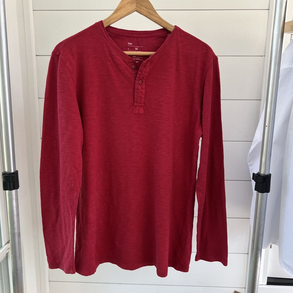 Mens Classic Gap Red Long Sleeve Henley T-Shirt Medium